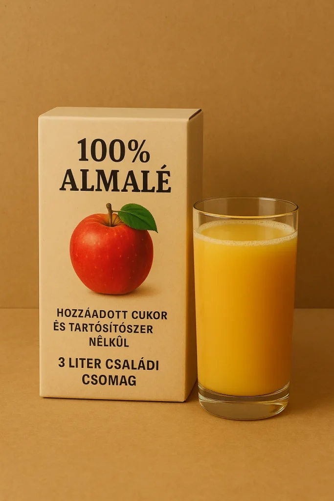 „100% almalé termékkártya natúr háttérrel, almával és pohár almalével.”