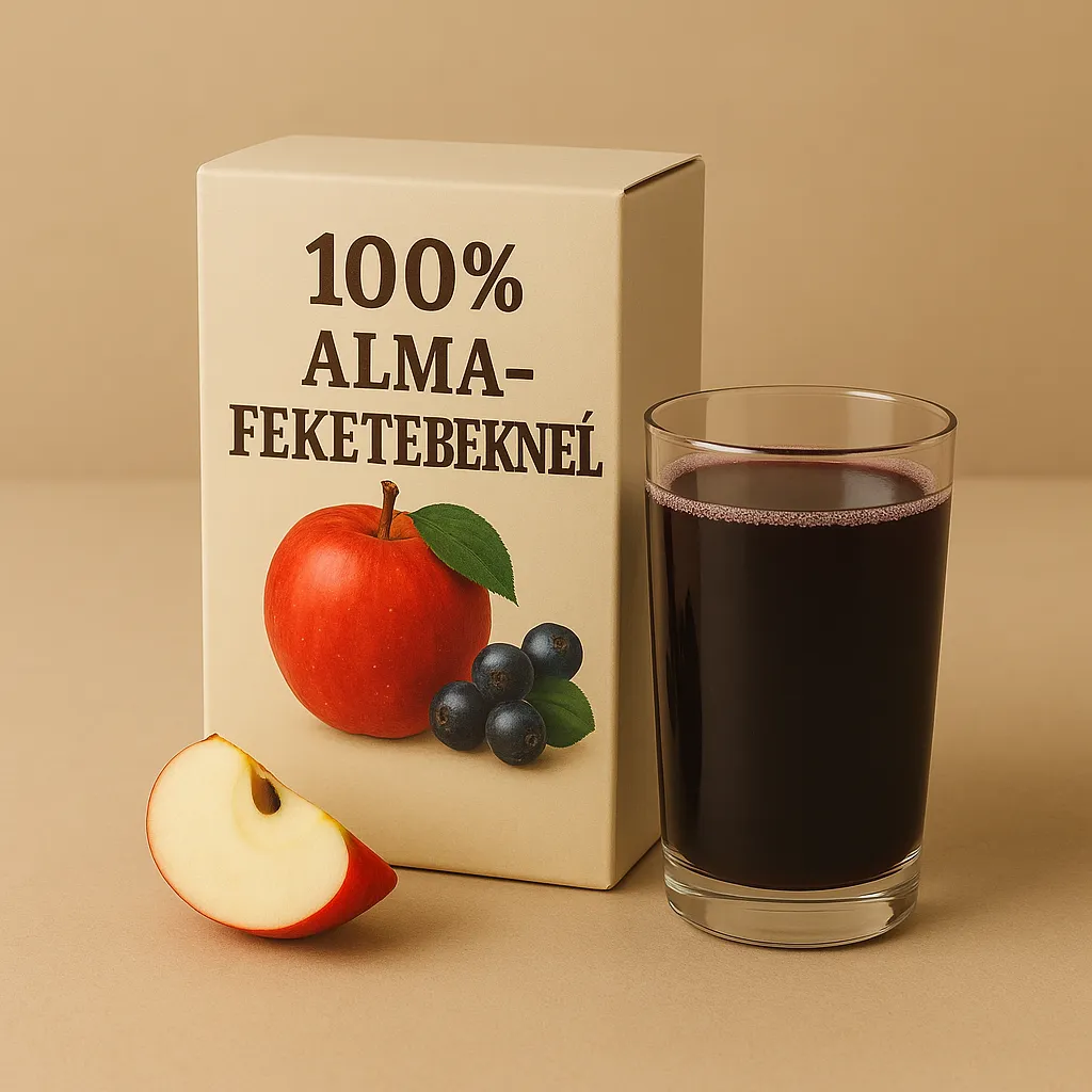 „100% alma–fekete berkenyelé termékkártya natúr háttérrel, almával és fekete berkenyével.”