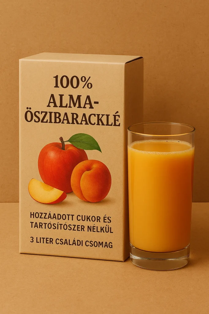 „100% alma–őszibaracklé termékkártya natúr kraft papír háttérrel, őszibarackkal és almával.”